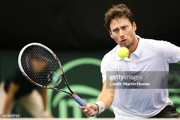 Artem Sitak of New Zealand in action against Tsung-Hua Yang of Chinese Taipaei during day three of the Davis Cup during the Davis Cup tie between New...