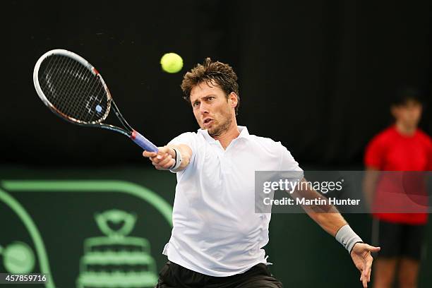 Artem Sitak of New Zealand in action against Tsung-Hua Yang of Chinese Taipaei during day three of the Davis Cup during the Davis Cup tie between New...