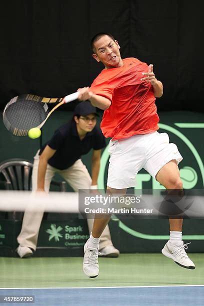 Tsung-Hua Yang of Chinese Taipaei in action against Artem Sitak of New Zealand during day three of the Davis Cup during the Davis Cup tie between New...