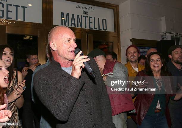 Sting and cast members of his new Broadway musical 'The Last Ship' serenade cast members of 'Jersey Boys' outside the Neil Simon Theatre on October...