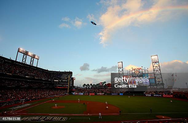 Rainbow is seen over AT&T Park during Game Four of the 2014 World Series at AT&T Park on October 25, 2014 in San Francisco, California.