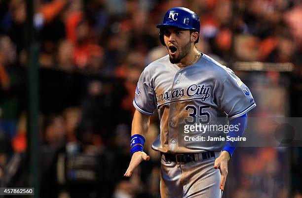 Eric Hosmer of the Kansas City Royals reacts after scoring on a Omar Infante two-run single in the third inning against the San Francisco Giants...
