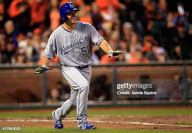 Jason Vargas of the Kansas City Royals reacts after he thought it was the fourth ball in the third inning against the San Francisco Giants during...