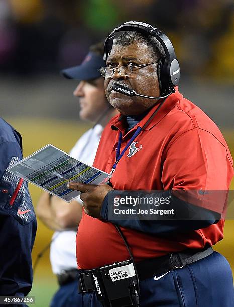 Defensive coordinator Romeo Crennel of the Houston Texans looks on against the Pittsburgh Steelers at Heinz Field on October 20, 2014 in Pittsburgh,...