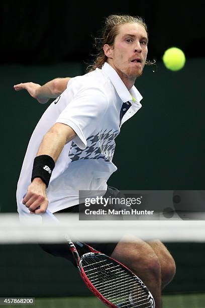 Marcus Daniell of New Zealand in action against Jui-Chen Hung of Chinese Taipaei during day three of the Davis Cup during the Davis Cup tie between...