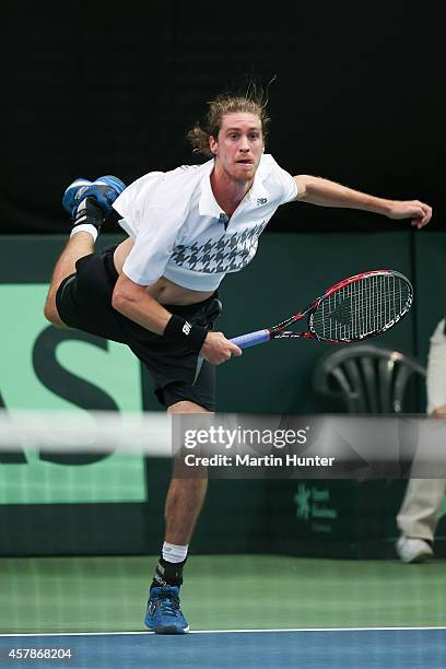 Marcus Daniell of New Zealand in action against Jui-Chen Hung of Chinese Taipaei during day three of the Davis Cup during the Davis Cup tie between...