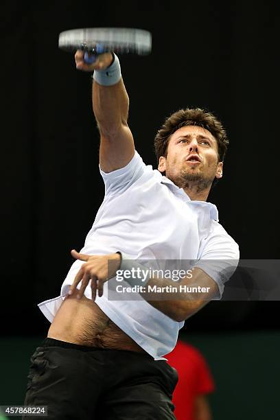 Artem Sitak of New Zealand in action against Tsung-Hua Yang of Chinese Taipaei during day three of the Davis Cup during the Davis Cup tie between New...