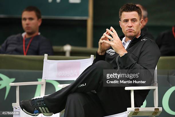 Alistair Hunt, NZ team captain looks on during day three of the Davis Cup tie between New Zealand and Chinese Taipei at Wilding Park on October 26,...