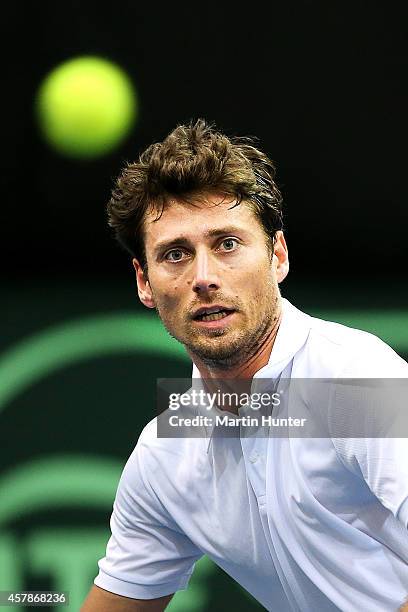 Artem Sitak of New Zealand in action against Tsung-Hua Yang of Chinese Taipaei during day three of the Davis Cup during the Davis Cup tie between New...