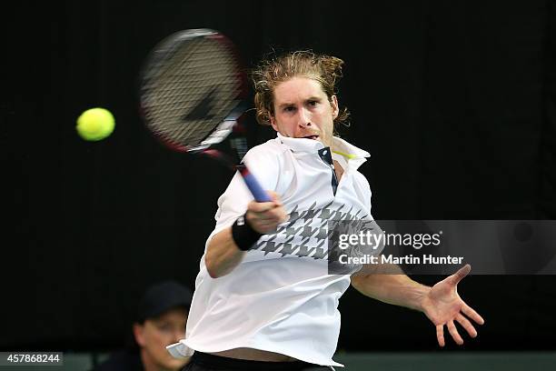 Marcus Daniell of New Zealand in action against Jui-Chen Hung of Chinese Taipaei during day three of the Davis Cup during the Davis Cup tie between...