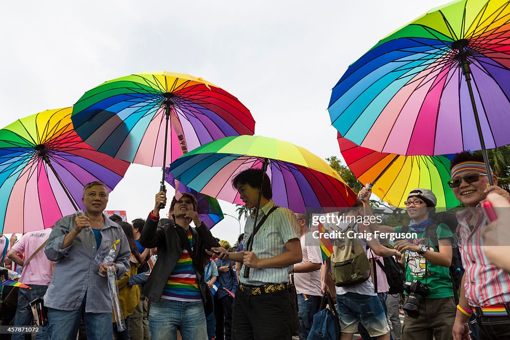 Supporters for Taiwan's LGBT community carry rainbow...