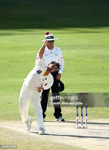 Yasir Shah of Pakistan bowls during day five of the first test between Pakistan and Australia at Dubai International Stadium at Dubai International...