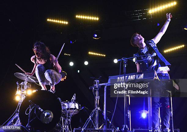 Kim Schifino and Matt Johnson of Matt & Kim perform onstage during day 2 of the 2014 Life is Beautiful festival on October 25, 2014 in Las Vegas,...