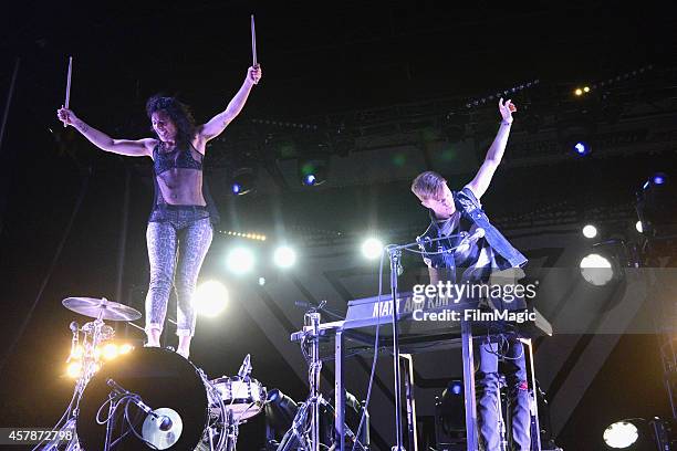 Kim Schifino and Matt Johnson of Matt & Kim perform onstage during day 2 of the 2014 Life is Beautiful festival on October 25, 2014 in Las Vegas,...
