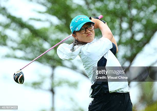 Lydia Ko of New Zealand hits a shot during day four of the 2014 Blue Bay LPGA at Jian Lake Blue Bay Golf Course on October 26, 2014 in Hainan Island,...
