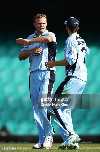 Doug Bollinger of the Blues celebrates with team mates after taking the wicket of Sam Whiteman of the Warriors during the Matador BBQs One Day Cup...