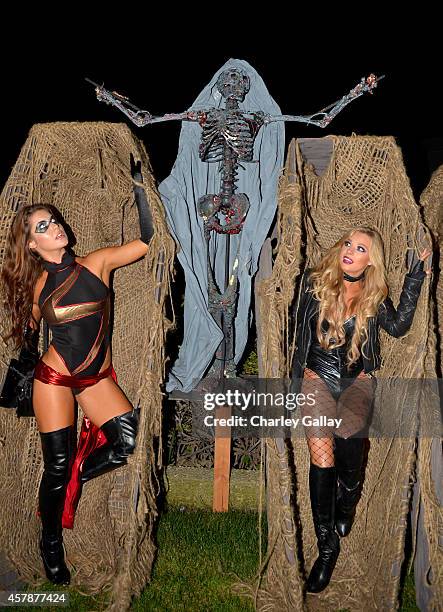 Los Angeles, CA Playmates Amanda Cerny and Nikki Leigh attend Playboy Mansion's Annual Halloween Bash at The Playboy Mansion on October 25, 2014 in...