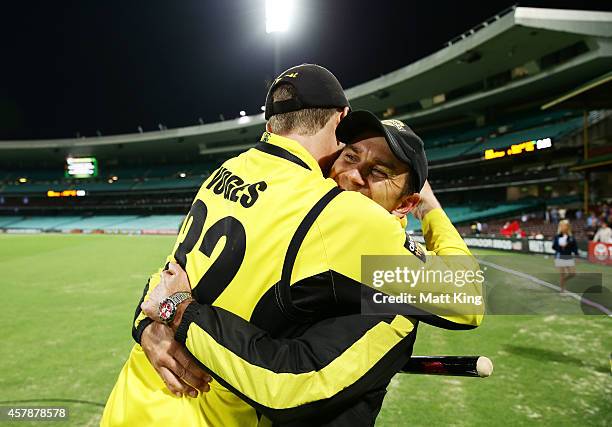 Warriors captain Adam Voges celebrates victory with Warriors coach Justin Langer after winning the Matador BBQs One Day Cup Final match between...