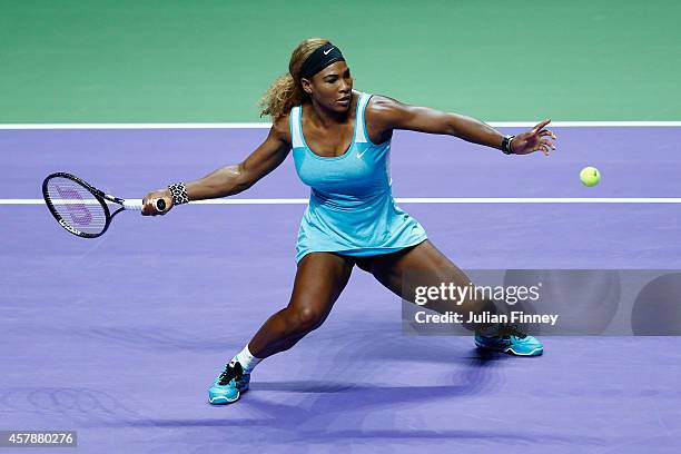 Serena Williams of USA in action against Simona Halep of Romania in the final during day seven of the BNP Paribas WTA Finals tennis at the Singapore...