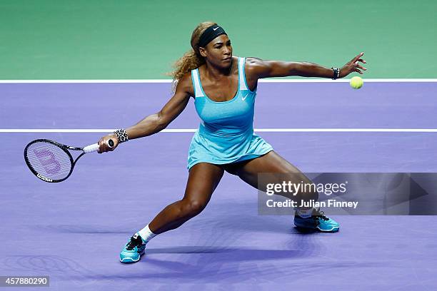 Serena Williams of USA in action against Simona Halep of Romania in the final during day seven of the BNP Paribas WTA Finals tennis at the Singapore...