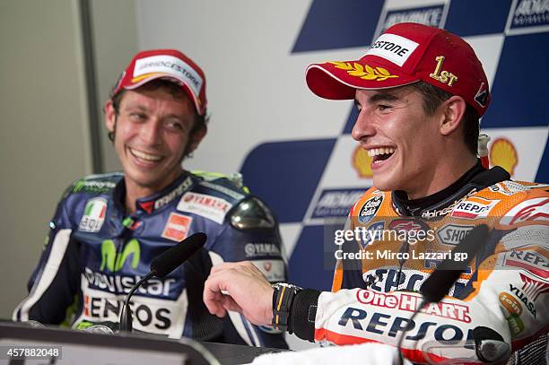 Marc Marquez of Spain and Repsol Honda Team speaks during a press conference after winning the MotoGP Of Malaysia at Sepang Circuit on October 26,...