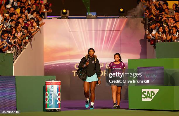 Serena Williams of the United States walks out for her match against Simona Halep of Romania in the final during the BNP Paribas WTA Finals at...