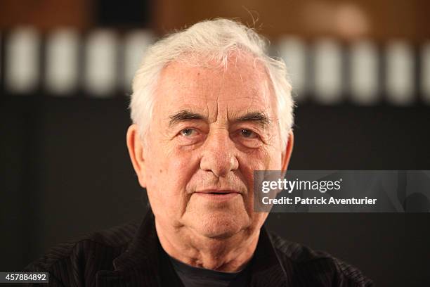 The French artist Daniel Buren in front his work "DEFINI,FINI,INFINI" at MaMo on October 25, 2014 in Marseille, France.During the fashion "Pop...