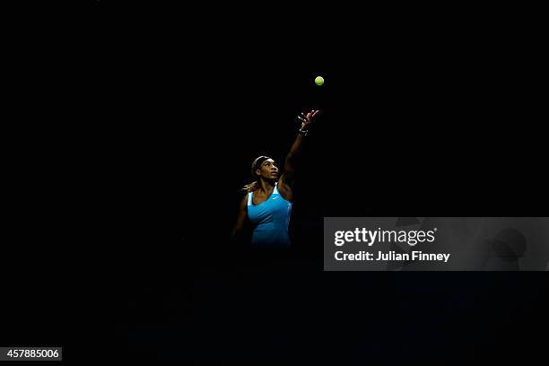 Serena Williams of USA serves to Simona Halep of Romania in the final during day seven of the BNP Paribas WTA Finals tennis at the Singapore Sports...