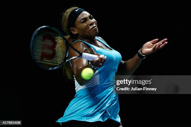 Serena Williams of USA in action against Simona Halep of Romania in the final during day seven of the BNP Paribas WTA Finals tennis at the Singapore...