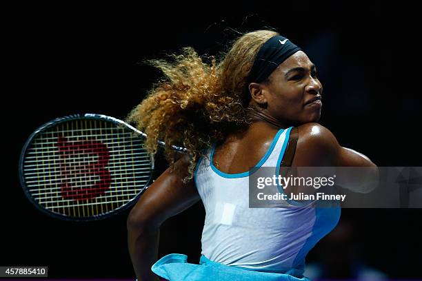 Serena Williams of USA in action against Simona Halep of Romania in the final during day seven of the BNP Paribas WTA Finals tennis at the Singapore...