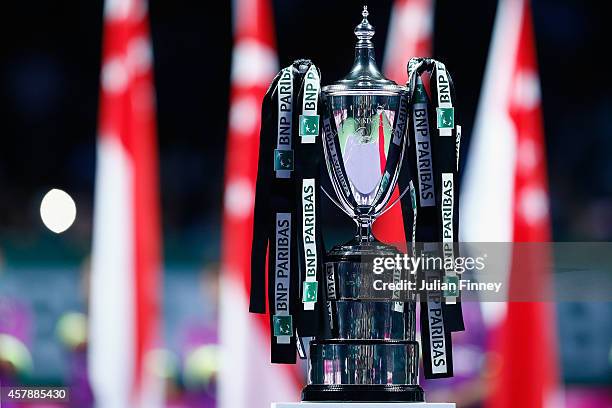The Billie Jean King trophy is seen during day seven of the BNP Paribas WTA Finals tennis at the Singapore Sports Hub on October 26, 2014 in...