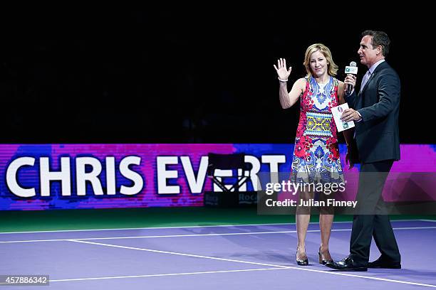 Chris Evert is interviewed before the final during day seven of the BNP Paribas WTA Finals tennis at the Singapore Sports Hub on October 26, 2014 in...