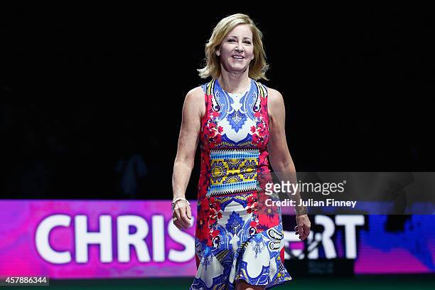 Chris Evert arrives on court before the final during day seven of the BNP Paribas WTA Finals tennis at the Singapore Sports Hub on October 26, 2014...