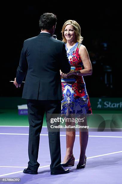 Chris Evert is interviewed before the final during day seven of the BNP Paribas WTA Finals tennis at the Singapore Sports Hub on October 26, 2014 in...