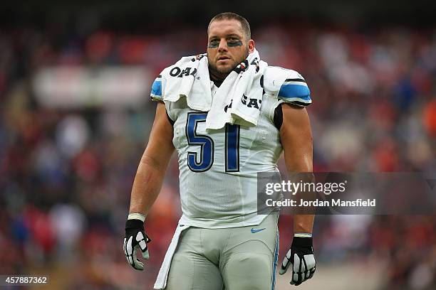 Dominic Raiola of the Detroit Lions looks on during the NFL match between Detroit Lions and Atlanta Falcons at Wembley Stadium on October 26, 2014 in...