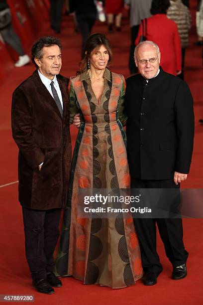 Pietro Valsecchi, his wife Camilla Nesbitt and Marco Muller attend the 'A Most Wanted Man' Red Carpet during the 9th Rome Film Festival on October...