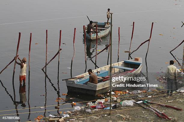 Preparation for upcoming festival Chhatt Pooja in full swing at Chhatt Ghat on Yamuna on October 26, 2014 in New Delhi, India. Chhath puja is...