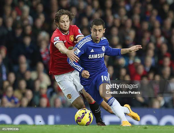 Daley Blind of Manchester United in action with Eden Hazard of Chelsea during the Barclays Premier League match between Manchester United and Chelsea...