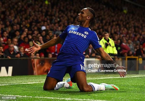 Didier Drogba of Chelsea celebrates scoring the first goal during the Barclays Premier League match between Manchester United and Chelsea at Old...