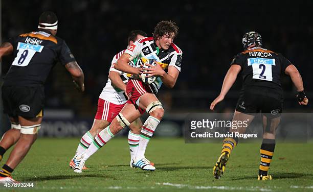 Charlie Matthews of Harlequins charges upfield during the European Rugby Champions Cup match between Wasps and Harlequins at Adams Park on October...