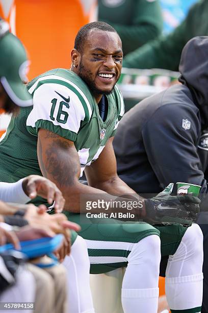 Percy Harvin of the New York Jets watches play from the bench during the second quarter against the Buffalo Bills at MetLife Stadium on October 26,...