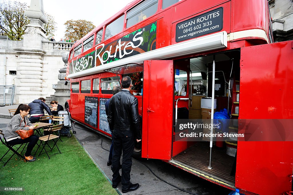 'Vegan Routes', Red Routemaster Bus Delivers Food At Pont Alexandre III, Paris As Part Of The Slick Art Fair