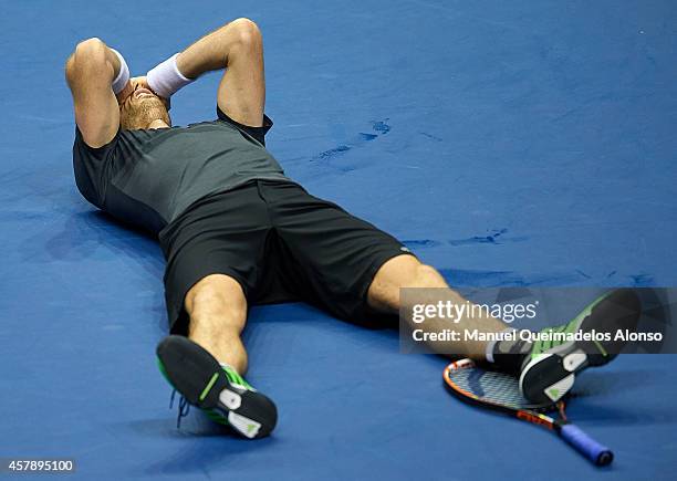 Andy Murray of Great Britain celebrates a match point against Tommy Robredo of Spain in the final during day seven of the ATP 500 World Tour Valencia...