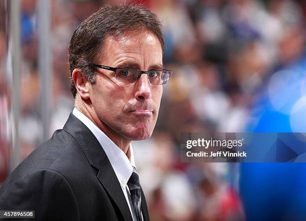 Assistant coach Doug Lidster of the Vancouver Canucks looks on from the bench during their NHL game against theTampa Bay Lightning at Rogers Arena...