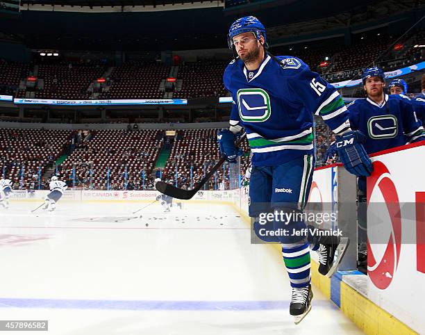 Brad Richardson of the Vancouver Canucks steps onto the ice during their NHL game against theTampa Bay Lightning at Rogers Arena October 18, 2014 in...