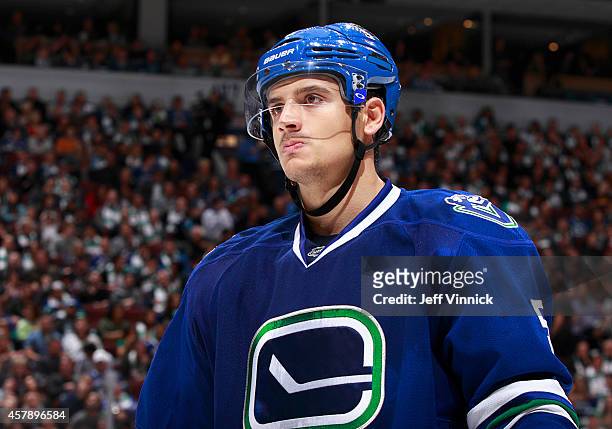 Luca Sbisa of the Vancouver Canucks skates up ice during their NHL game against theTampa Bay Lightning at Rogers Arena October 18, 2014 in Vancouver,...