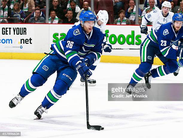 Jannik Hansen of the Vancouver Canucks skates up ice with the puck during their NHL game against theTampa Bay Lightning at Rogers Arena October 18,...