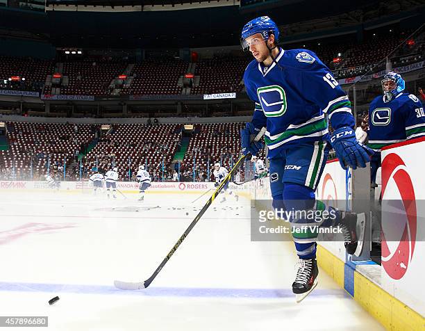 Nick Bonino of the Vancouver Canucks steps onto the ice during their NHL game against theTampa Bay Lightning at Rogers Arena October 18, 2014 in...