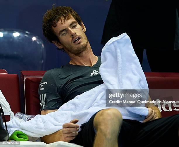 Andy Murray of Great Britain reacts after defeating Tommy Robredo of Spain in the final during day seven of the ATP 500 World Tour Valencia Open...