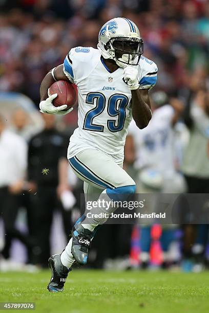 Cassius Vaughn of the Detroit Lions sprints with the ball during the NFL match between Detroit Lions and Atlanta Falcons at Wembley Stadium on...